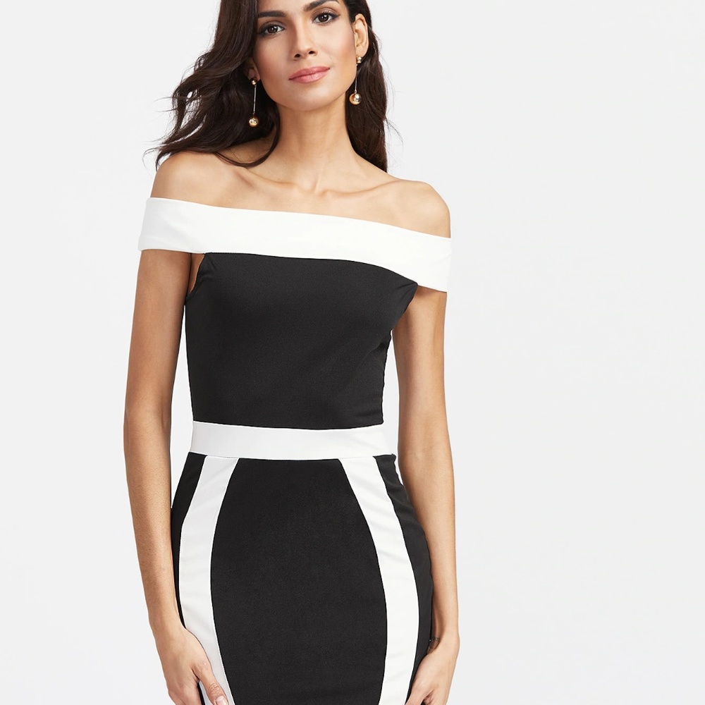 COLOR BLOCK OFF THE SHOULDER SHEATH DRESS